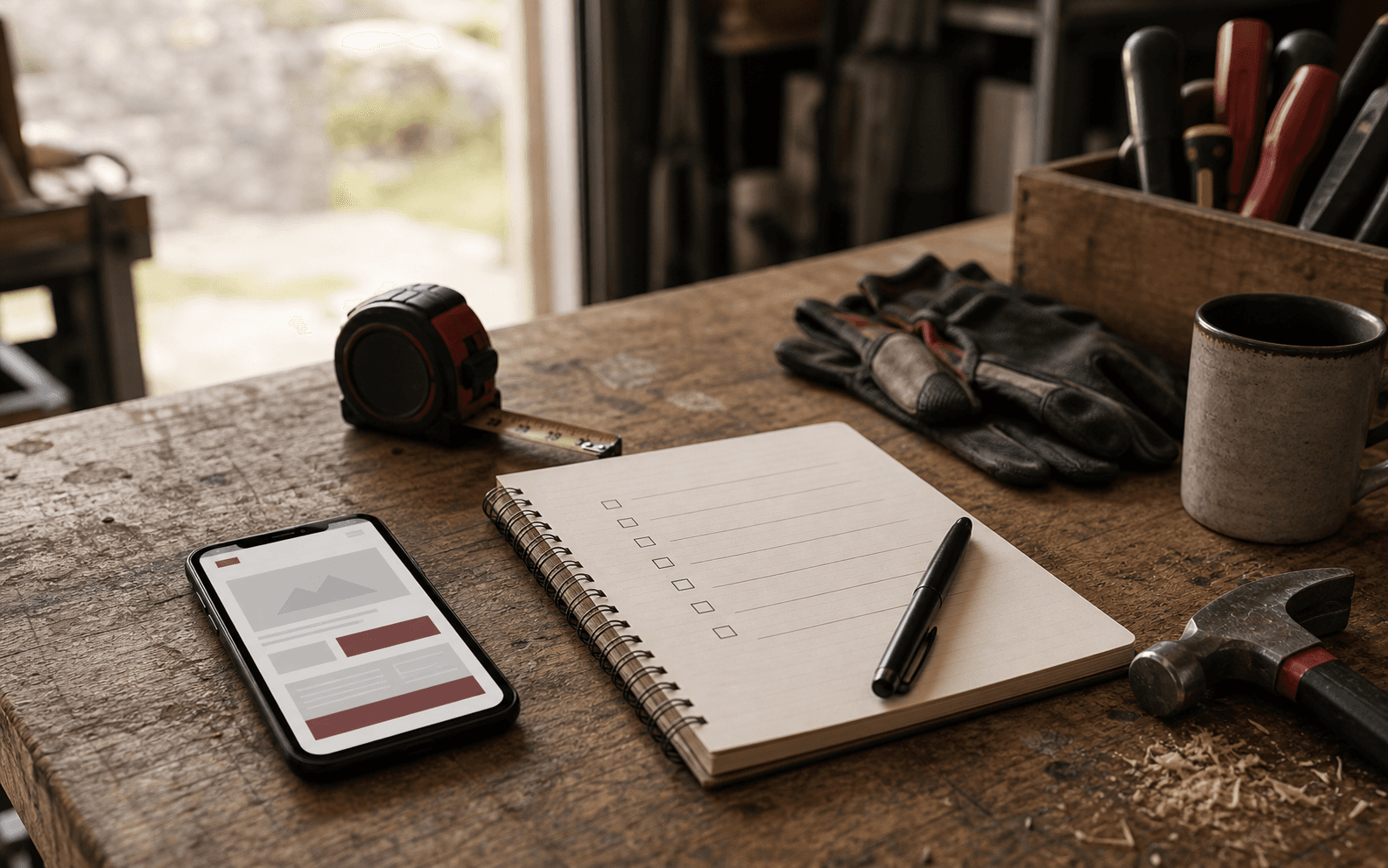 Trades workshop desk with tools, phone, and a practical website checklist notebook.
