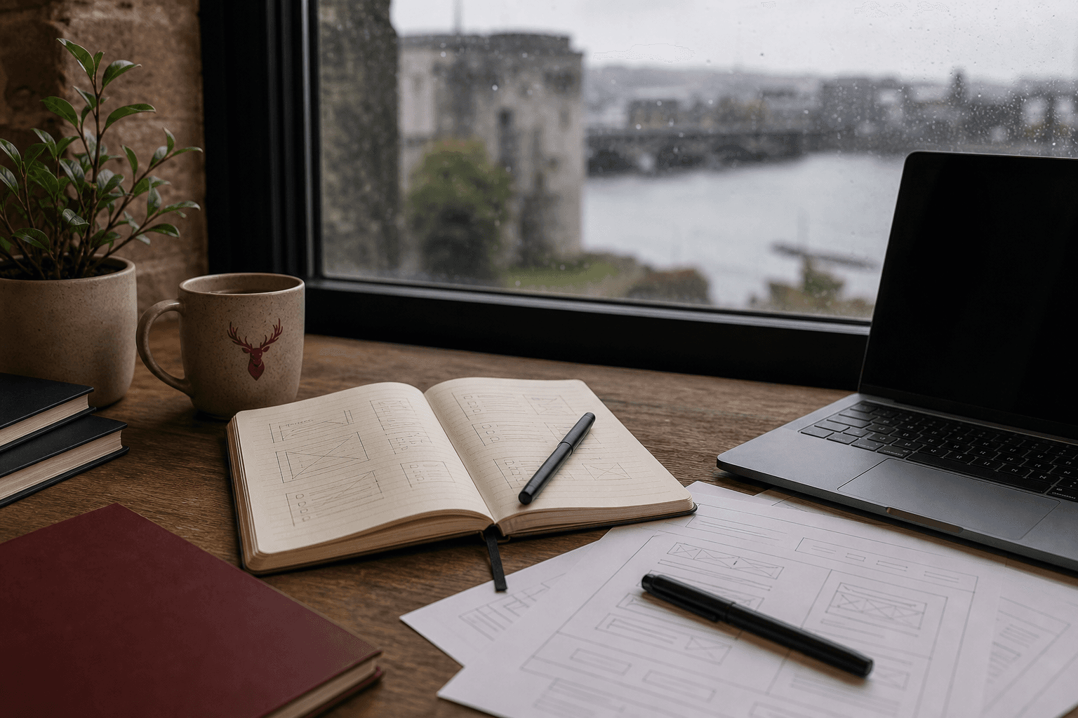 Warm studio desk with website planning notes by a rainy Limerick riverside window.