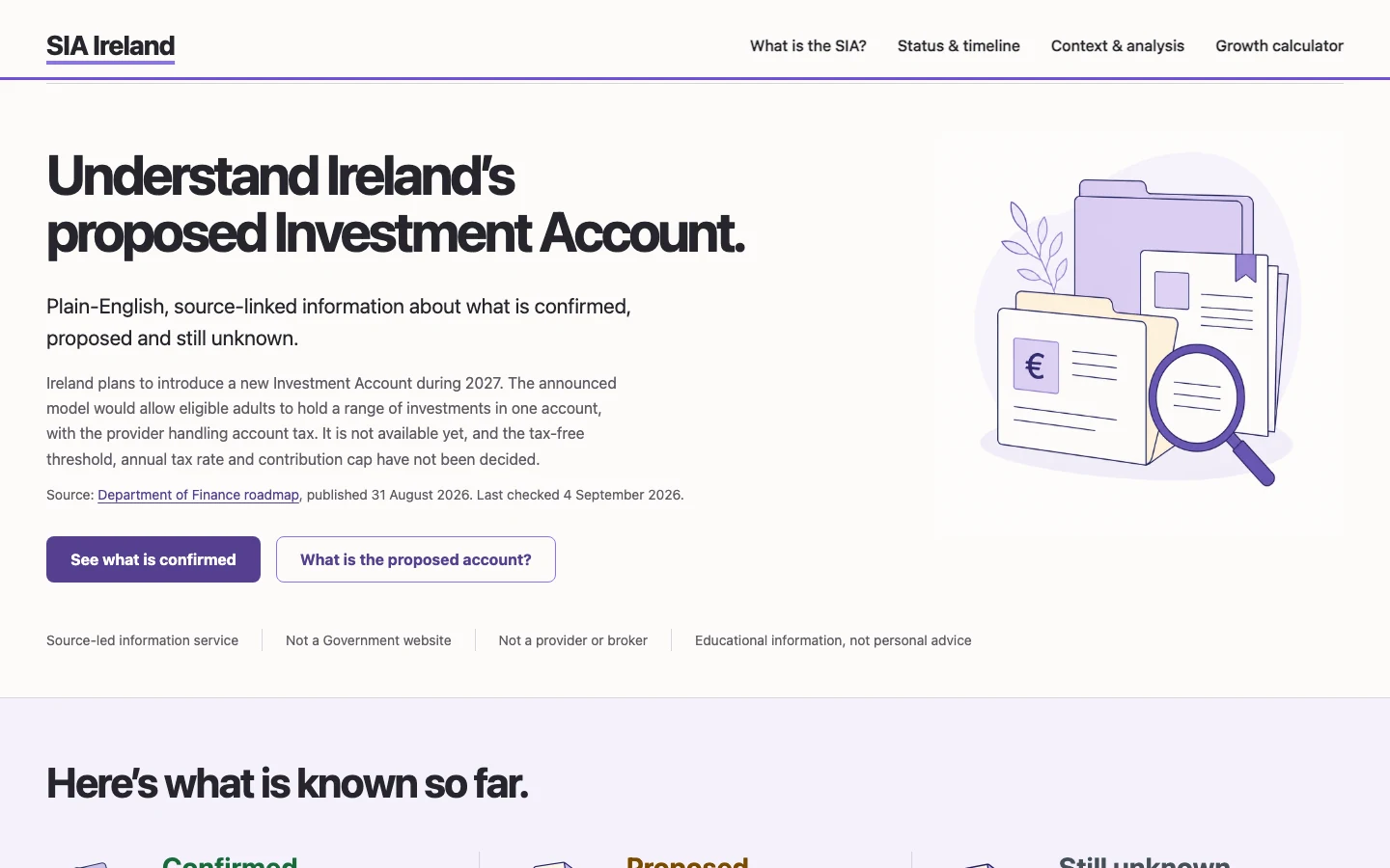 SIA Ireland homepage showing its source-linked introduction to Ireland’s proposed Investment Account.