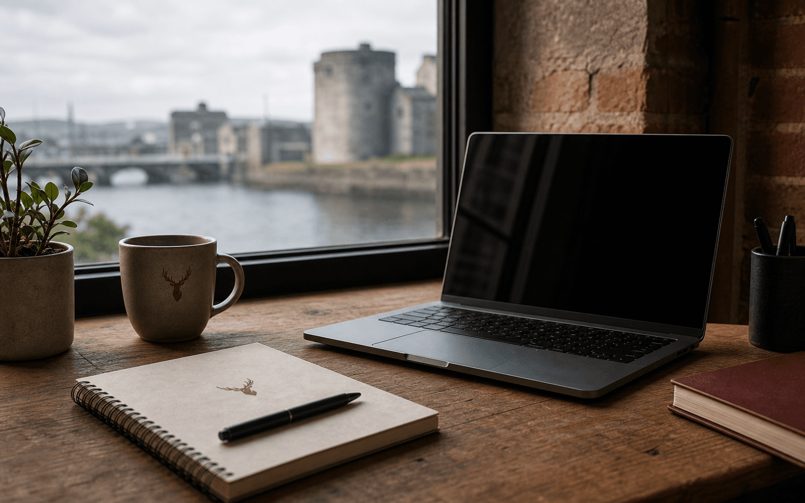 Warm studio desk by a window overlooking the Limerick riverside, with a laptop, notebook, and small red stag detail.