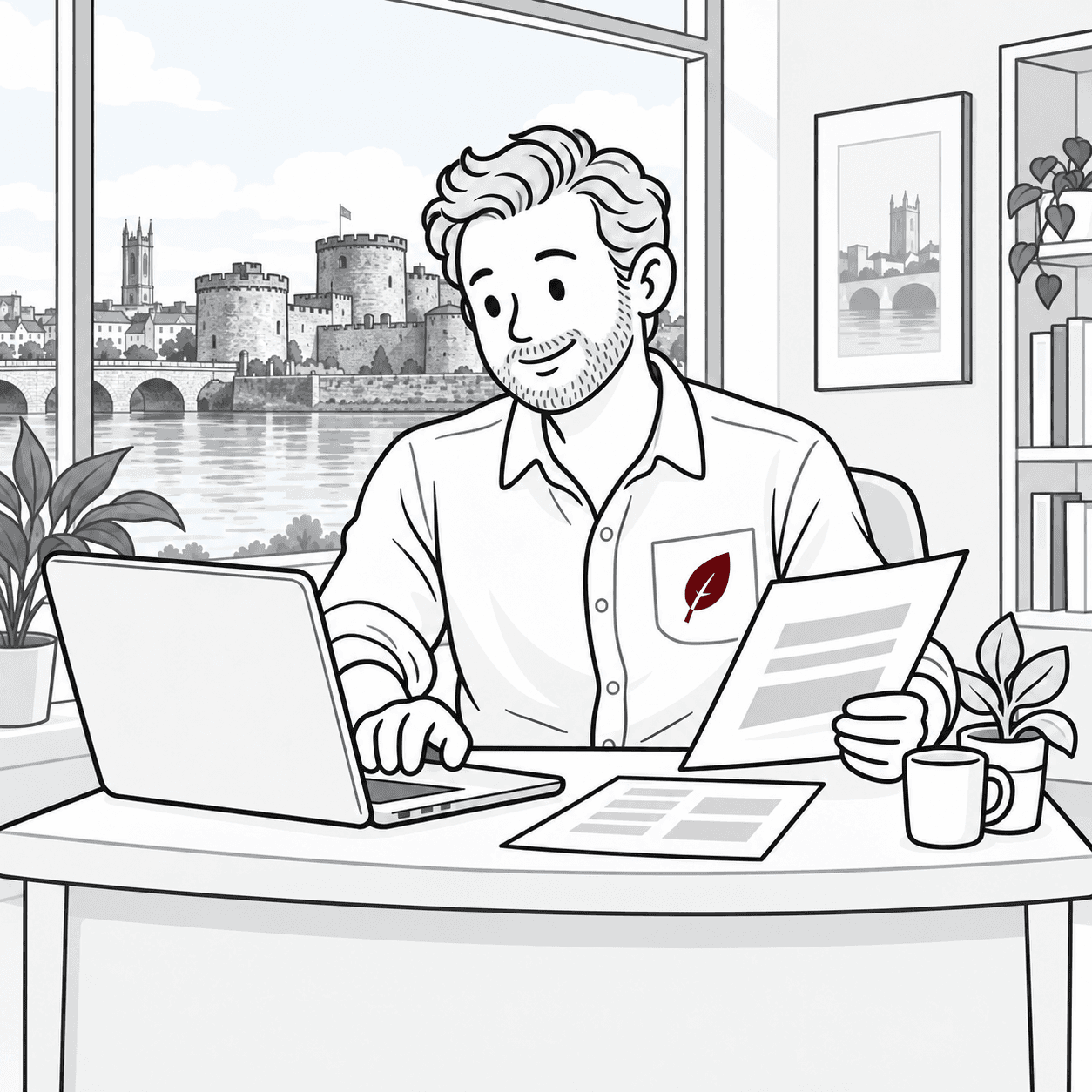 An illustrated business owner reviewing proposals in an office overlooking Limerick's River Shannon and King John's Castle.